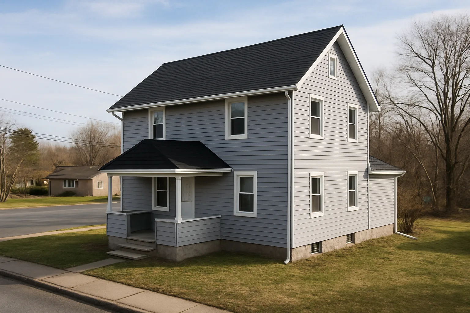 Newly replaced roof on a two-story suburban home